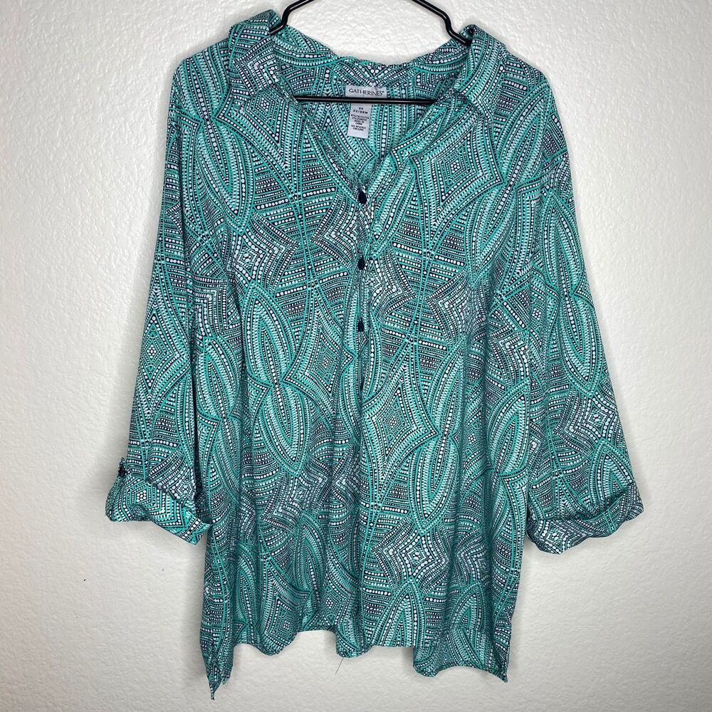 Catherines blue button up blouse artsy office career geometric lightweight 22w